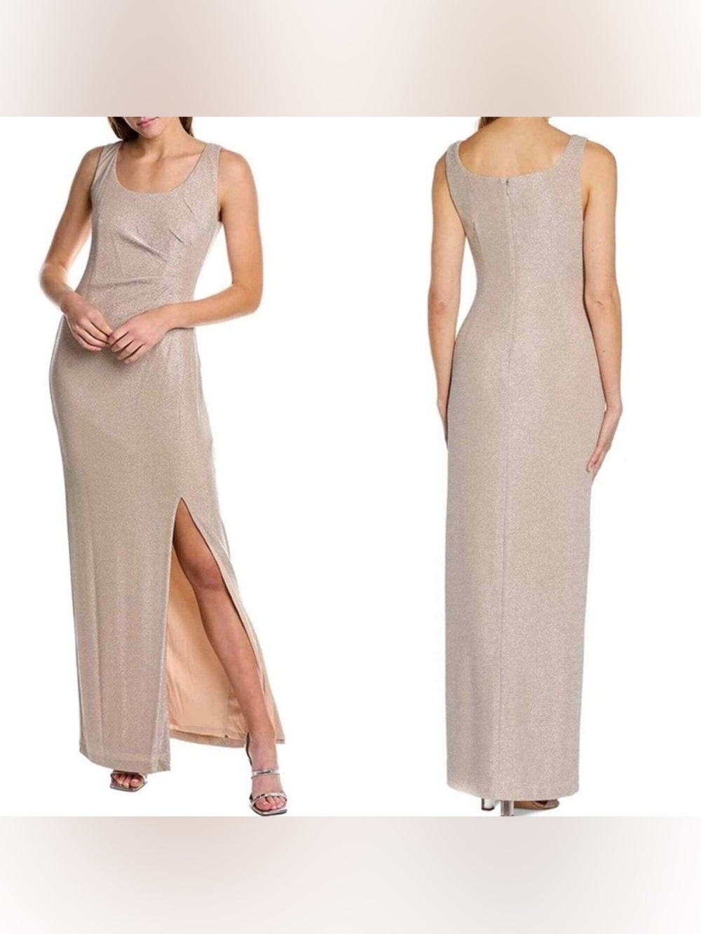 ADRIANNA PAPELL Gold Maxi Glitter Knit Gown Champagne Size 14